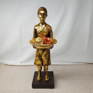 Tea Light Candle Trinket Holder Indian Boy Braided Hair Gold Resin Figurine